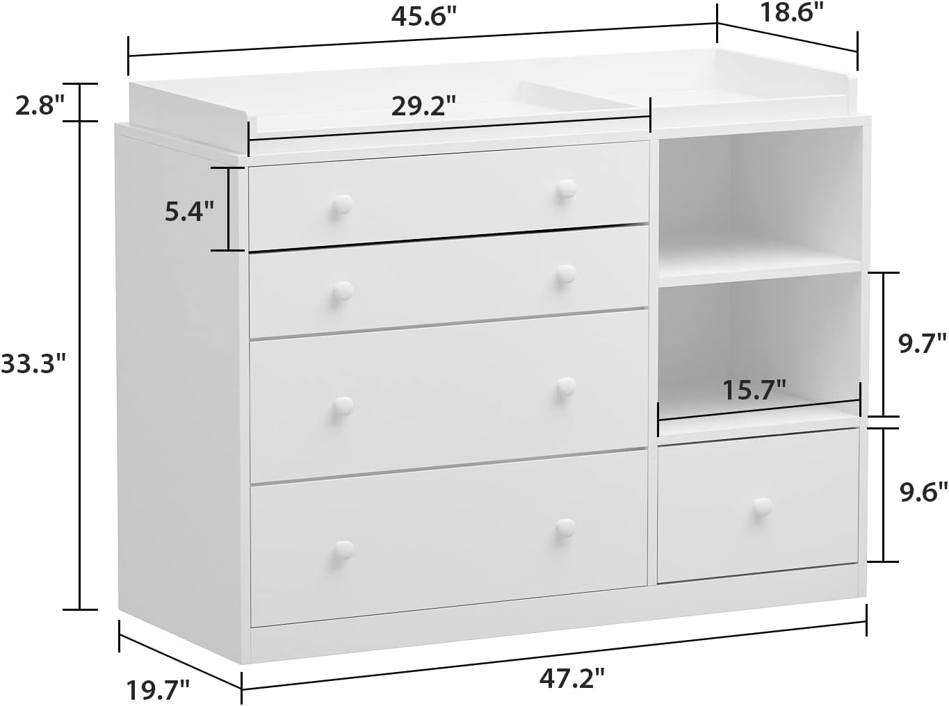 AIEGLE Cómoda de bebé, cómoda de dormitorio blanca con 5 cajones y estantes de almacenamiento, cómoda de madera para almacenamiento de habitación