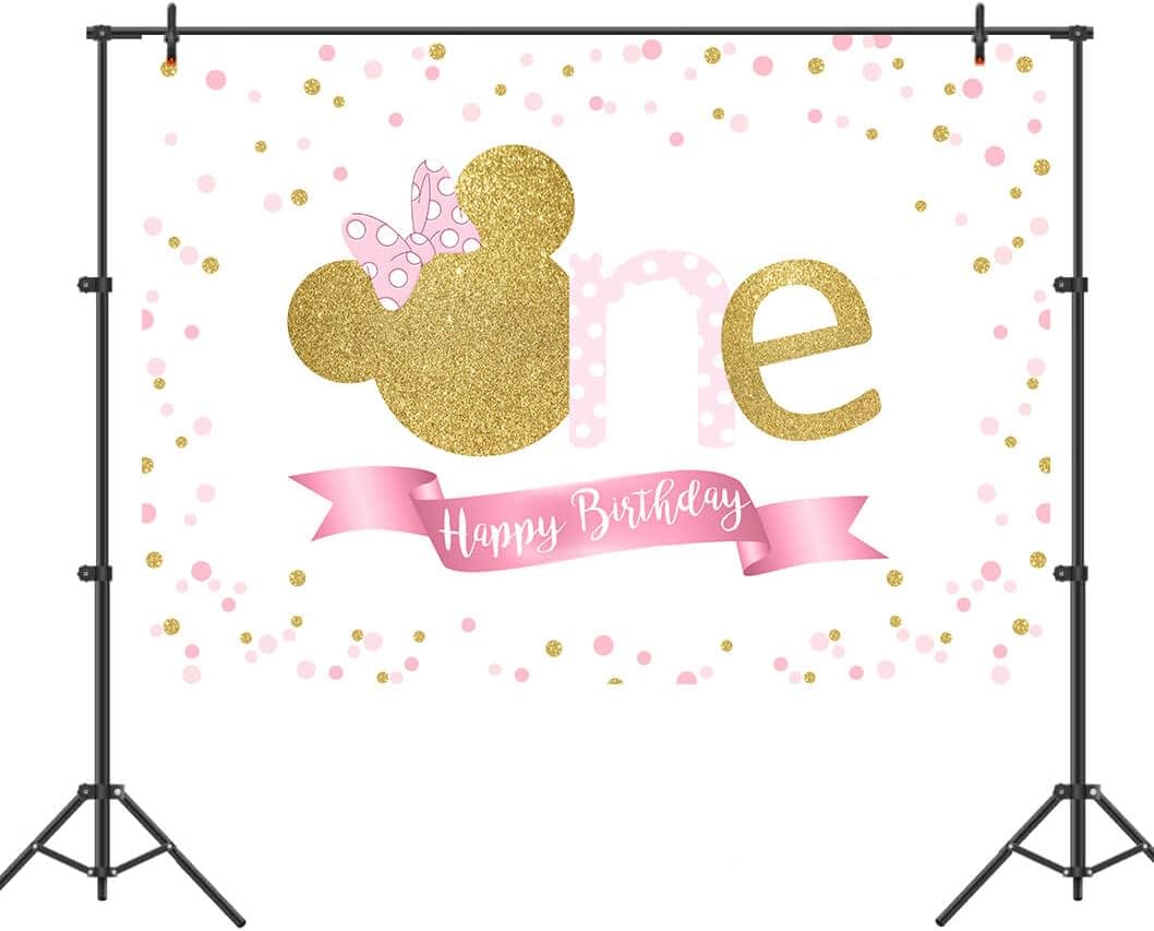 Telón de fondo de 1er cumpleaños de ratón rosa y dorado para niñas, caricatura, lunares, fiesta de primer cumpleaños, decoración de fotos,