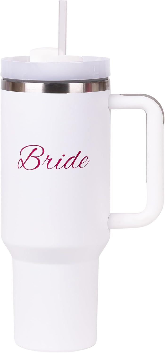 Bride’s – Vaso de 40 onzas con asa y popote, botella de agua de acero inoxidable aislada que cabe en el portavasos del automóvil, botellas de agua