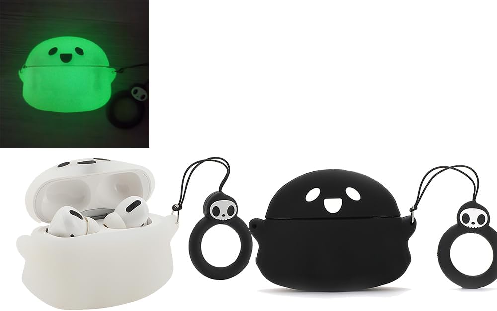 Paquete de 2 funda fantasma 3D negra y blanca (brilla en la oscuridad) para Airpod ProPro 2nd, funda linda de dibujos animados 3D para niños, niñas,