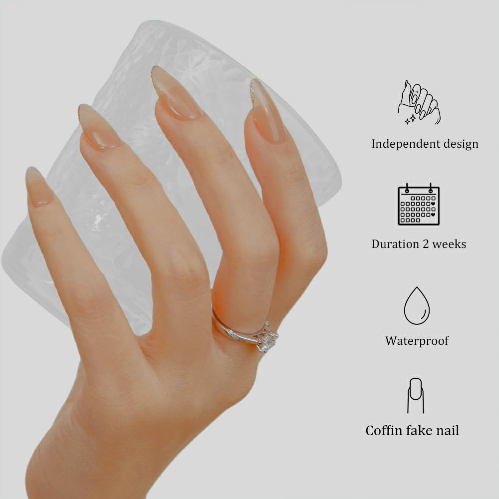 Uñas postizas a presión de gel nude con forma de almendra, uñas hechas a mano, uñas francesas a presión, uñas postizas con pegamento para mujeres y