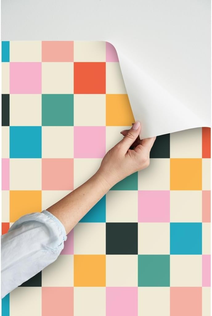 Spoonflower Papel tapiz autoadhesivo de 12 x 2 pies, papel tapiz retro de ajedrez rosa y naranja, moderno, multicolor, papel tapiz extraíble