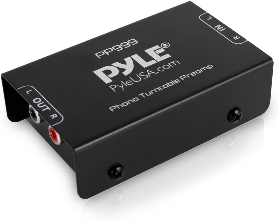 Pyle Phono Turntable Preamp – Mini preamplificador de fonógrafo estéreo de audio electrónico con entrada RCA, salida RCA y operación de bajo ruido,