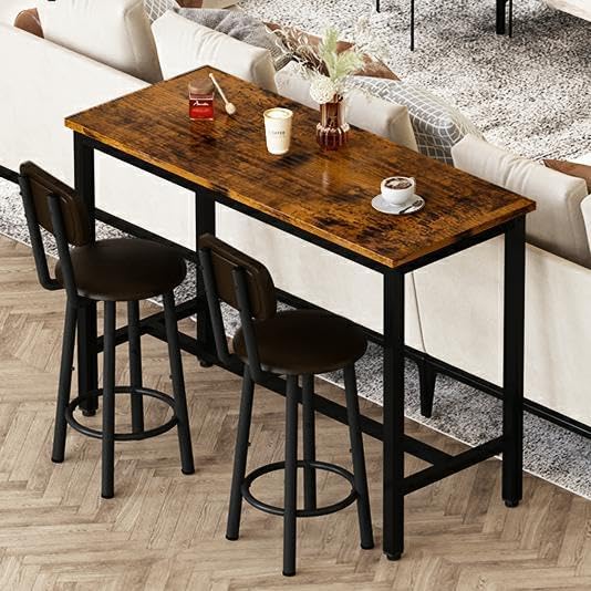 Lamerge Mesa industrial de altura de pub con 2 taburetes tapizados de poliuretano, mesa de cocina y sillas de 3 piezas, apto para comedor, sala de