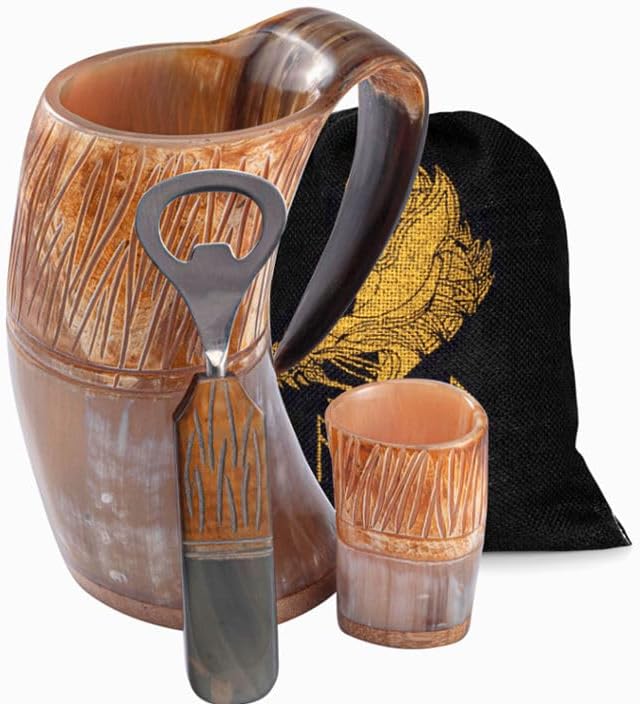 FENRIR Taza de cuerno de buey vikingo prémium para cerveza y aguamiel y cerveza y jarra de bebida fría, taza con acabado natural con vidrio corto y