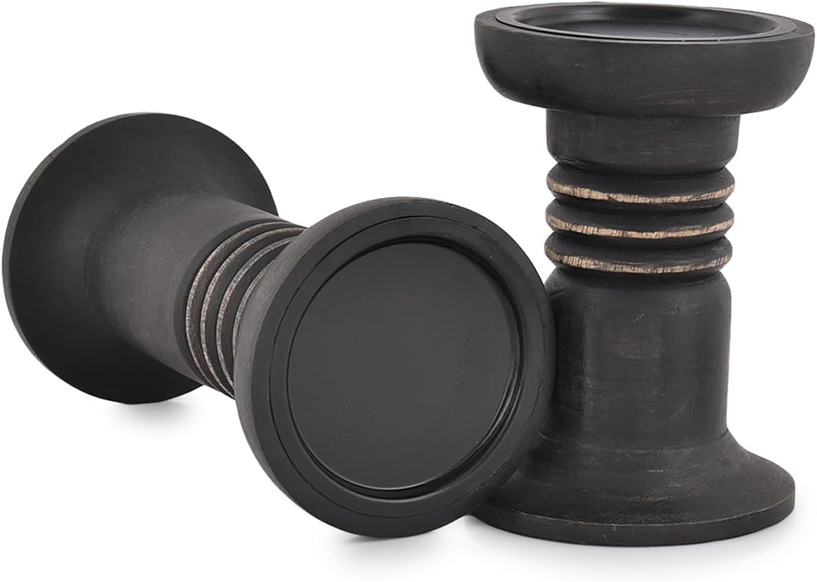 Juego de portavelas negro de madera de mango, centro de mesa decorativo para decoración de chimenea, juego de portavelas negro (negro) (4 x 4 x 6