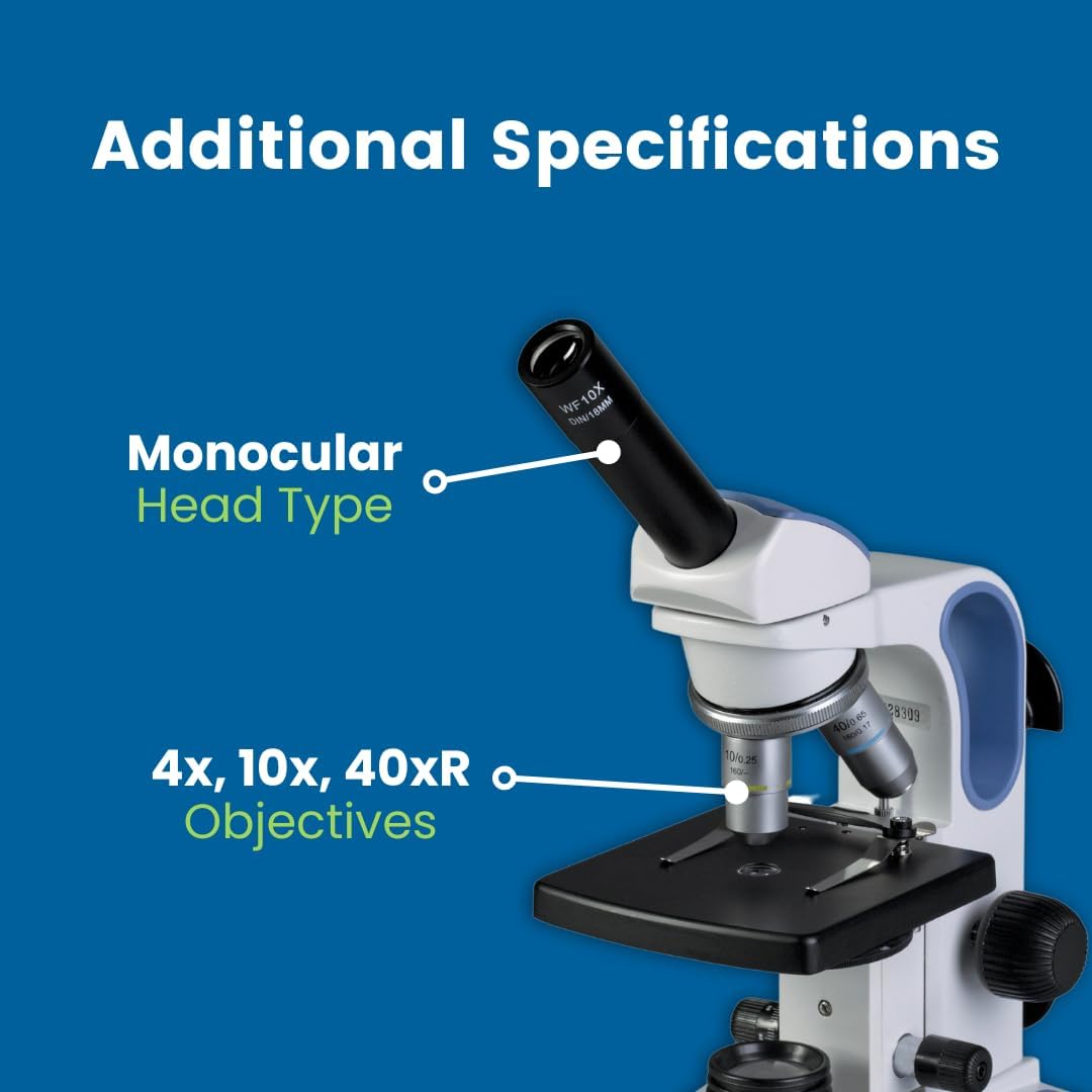 Accu-Scope Microscopio compuesto EXM-150 – Cabeza monocular, aumento 40-400X, diafragma de disco, iluminación LED inalámbrica, microscopio biológico