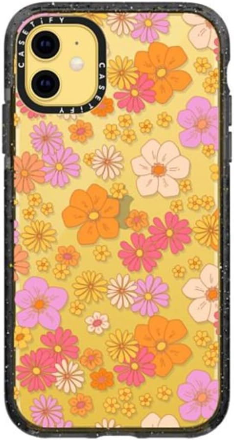 CASETiFY Impact – Funda para iPhone 11, diseño retro bohemio de flores hippie (6070 con diseño floral sobre fondo transparente), color negro
