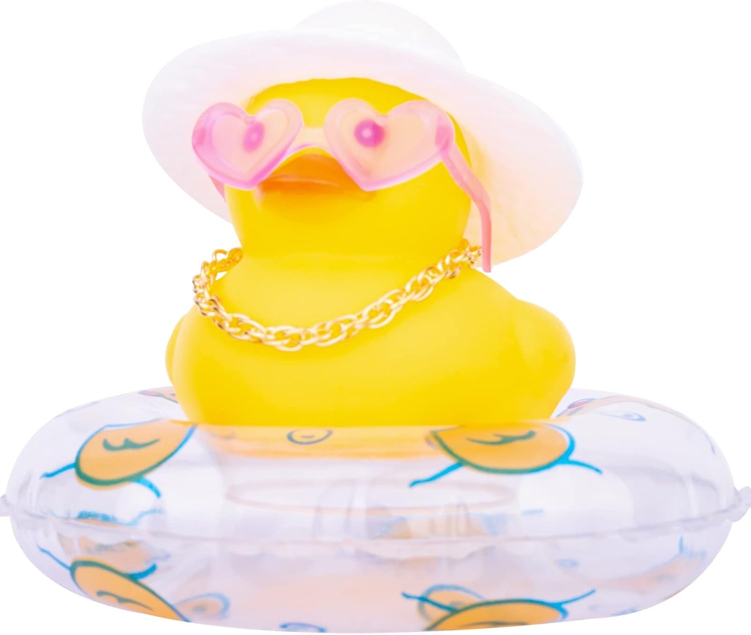 Adornos de pato amarillo para automóvil, decoración de tablero de automóvil con gafas de amor, mini anillo de natación, sombrero de sol, collar para