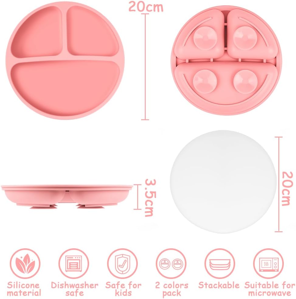 Vicloon Platos para niños pequeños, 2 platos de silicona para bebés, placas de succión sin BPA con tapas para bebés y niños pequeños, función de