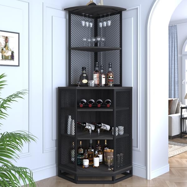 IBF Armario alto de barra de esquina, gabinete grande de madera y metal con estante para vino, gabinete de vino de esquina industrial con