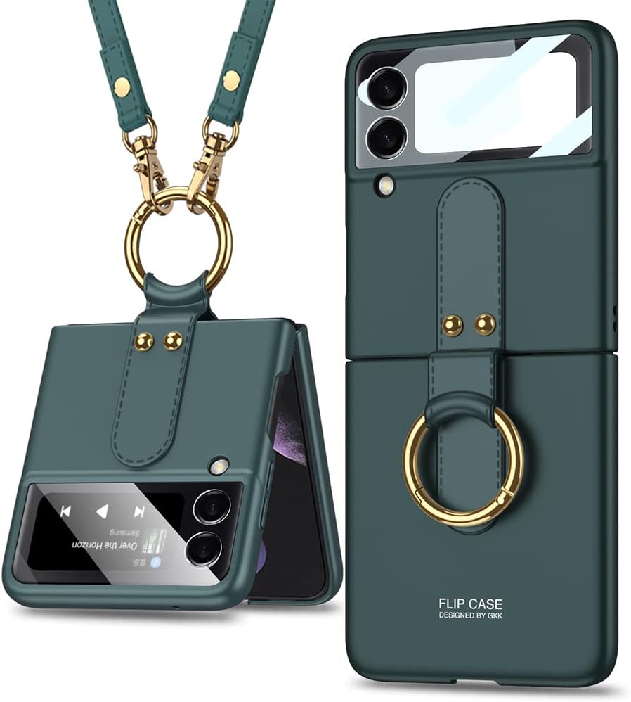 Funda para Galaxy Z Flip 4 con soporte de anillo y correa de vidrio 9H, protector de pantalla para lente de cámara de vidrio ultra fino, funda de