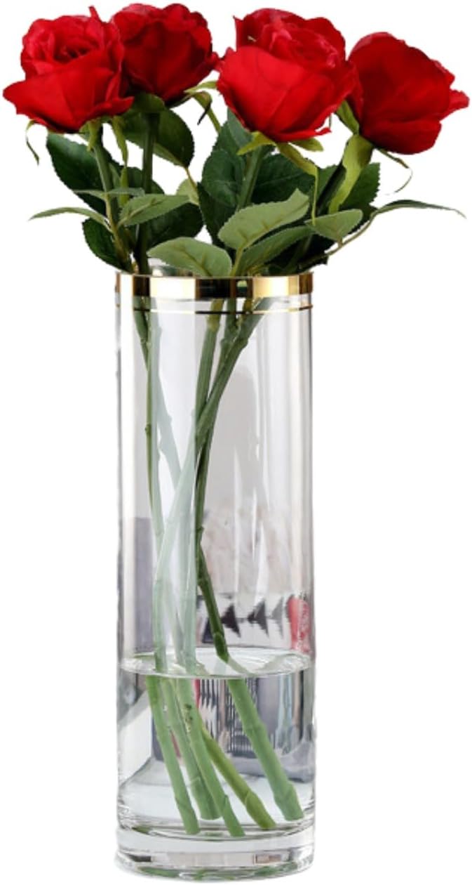 Jarrones altos para flores, centros de mesa, decoración de boda, sala de estar, regalo, florero cilíndrico de vidrio transparente, chapado en oro