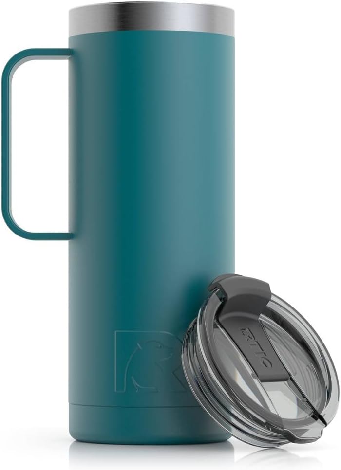 RTIC Taza de viaje de café de 20 onzas con tapa y asa, tazas aisladas al vacío de acero inoxidable, a prueba de fugas, derrames, bebidas calientes y