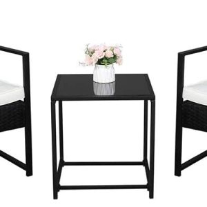 Juego de 3 piezas de muebles de mimbre para exteriores, sillas de ratán con mesa auxiliar para patio y bistró, color negro Juego de 3 piezas de muebles de mimbre para exteriores, sillas de ratán con mesa auxiliar para patio y bistró, color negro
