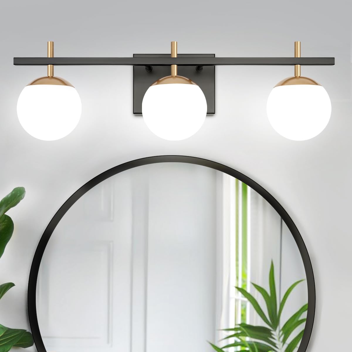 Lámpara de baño de oro negro, 3 luces de mediados de siglo moderna sobre espejo, lámpara de tocador de baño con vidrio lechoso, lámpara de pared