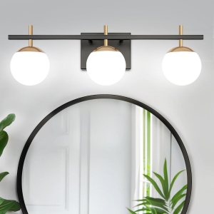 Lámpara de baño de oro negro, 3 luces de mediados de siglo moderna sobre espejo, lámpara de tocador de baño con vidrio lechoso, lámpara de pared Lámpara de baño de oro negro, 3 luces de mediados de siglo moderna sobre espejo, lámpara de tocador de baño con vidrio lechoso, lámpara de pared