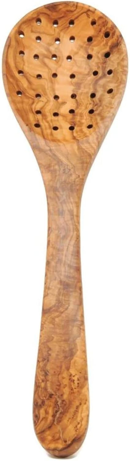 Cuchara coladora de madera de olivo para cocinar, cucharas ranuradas, cucharas coladoras hechas a mano, cucharas espumadoras de madera ideal para