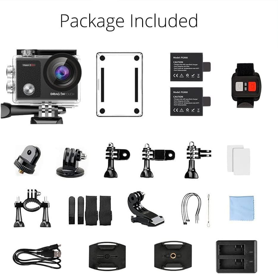 Dragon Touch Cámara de acción HD subacuática 4K, pantalla táctil Vision 3 Pro, 20MP 100 pies, impermeable, ángulo de visión ajustable, videocámara