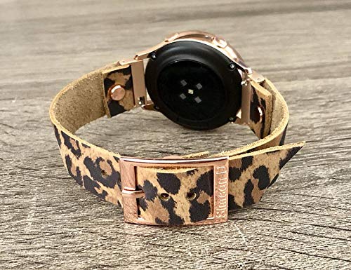 Leopard Print Genuine Leather Band for Samsung Galaxy Watch 42mm Adjustable Size Strap Bracelet Smartwatch Rose Gold Metal Jewelry Wristband