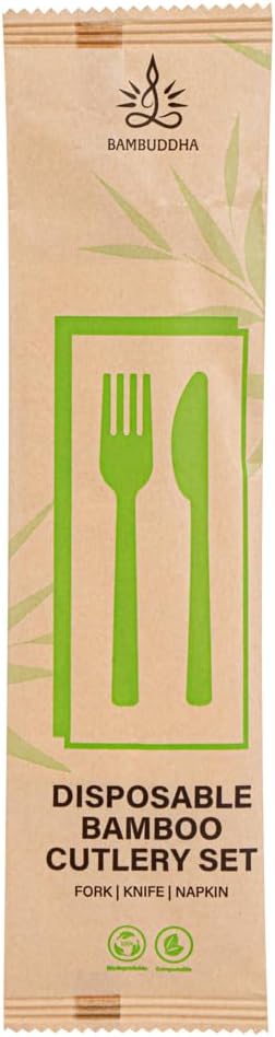Restaurantware Bambuddha – Juego de utensilios de bambú de 7 pulgadas, 100 utensilios de bambú desechables, cuchillo y servilleta, acabado liso,