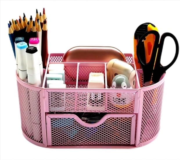 Soporte para lápices organizador de escritorio con 9 compartimentos de malla metálica rosa claro
