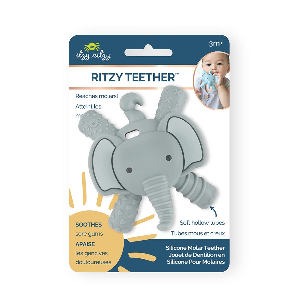 Itzy Ritzy – El mordedor Ritzy llega a los molares y masajea las encías doloridas cuenta con múltiples texturas y diseño flexible elefante