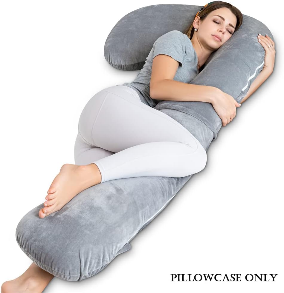 INSEN Funda de almohada corporal de embarazo, funda de almohada de cuerpo completo para mujeres embarazadas, terciopelo gris, en forma de L