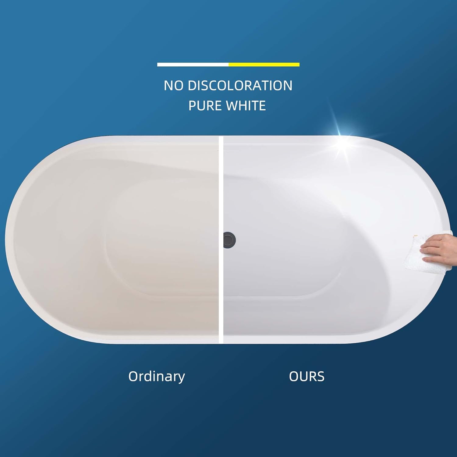 Bañera independiente de acrílico de 55 pulgadas con desbordamiento ranurado lineal y drenaje desplegable antiobstrucción, diseño ergonómico con
