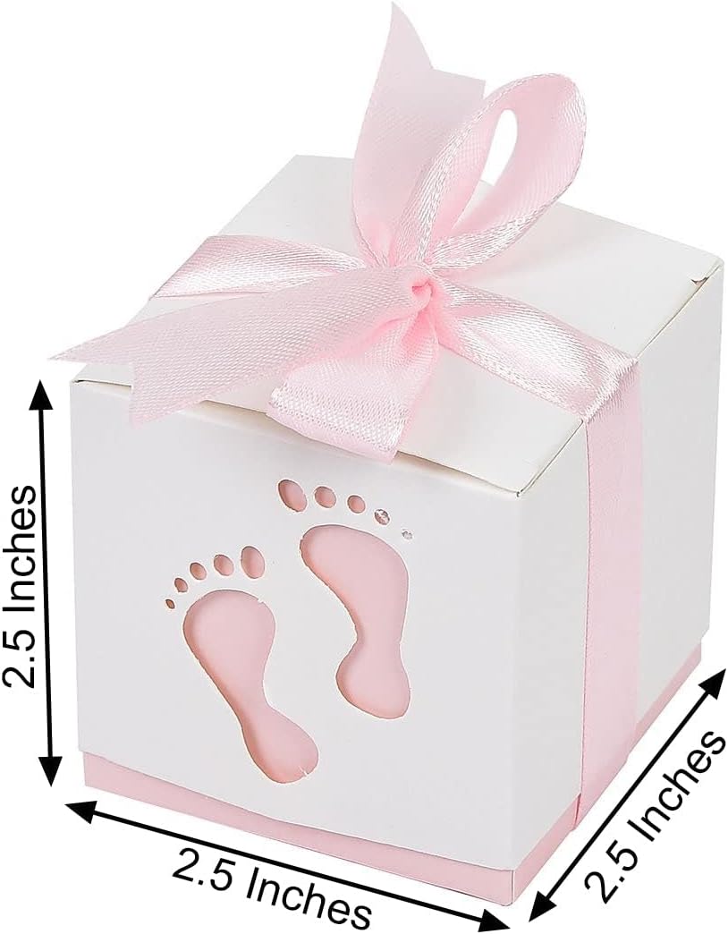 Efavormart – Paquete de 25 cajas de dulces con cintas de huellas de bebé recién nacido de 2.5 x 2.5 pulgadas, cajas de regalo rosas para baby shower