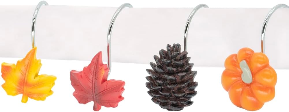 Ganchos para cortina de ducha de otoño y otoño, accesorios de decoración de baño, metal a prueba de óxido, hojas de arce, calabazas, piñas, hojas de