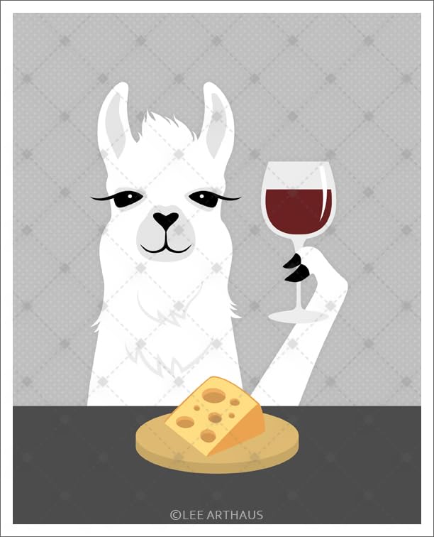 A 6J – White Llama Drinking Wine and Eating Cheese UNFRAMED Wall Art Print by Lee ArtHaus