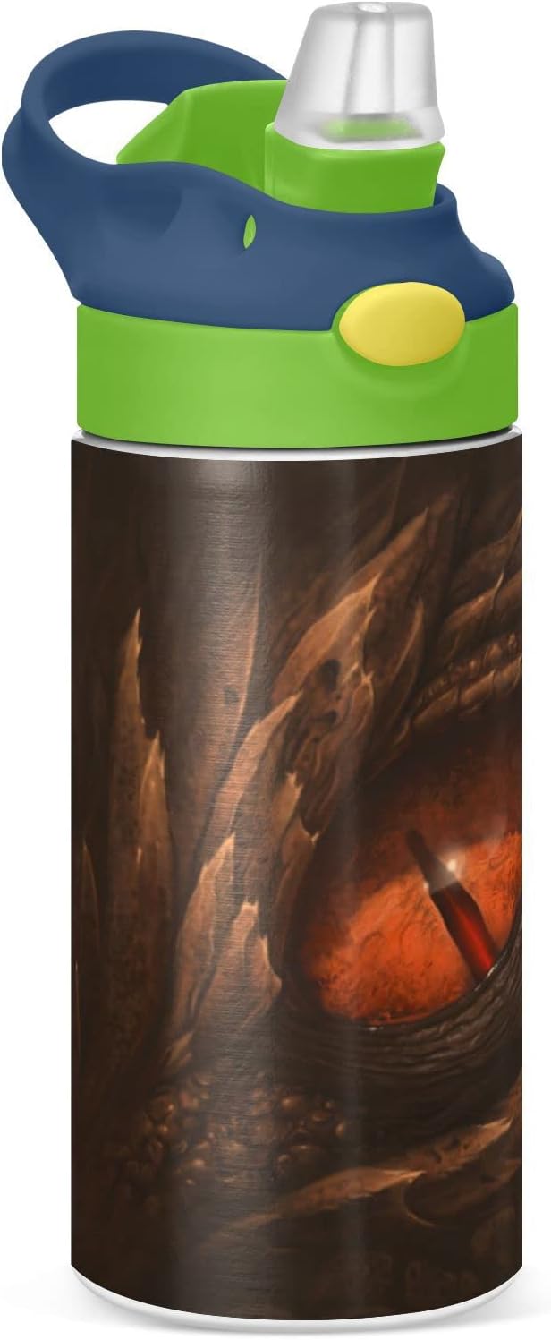 Botella de agua aislada para niños de 12 onzas con tapa con pajilla, vaso de viaje al vacío de doble pared de acero inoxidable, reutilizable, ojo de