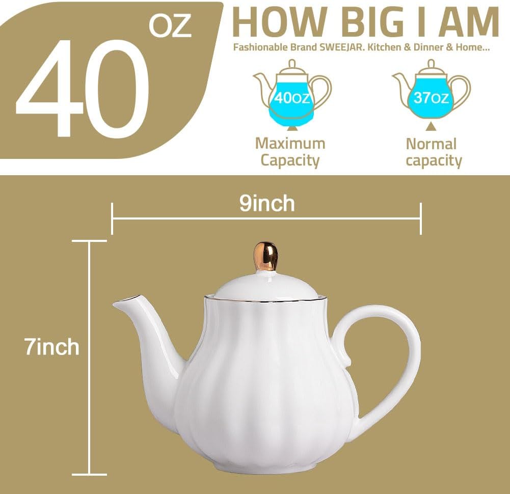 Sweejar Royal Teapot, tetera de cerámica con infusor extraíble de acero inoxidable, tetera de hojas sueltas y florecientes, 40 onzas (blanco)