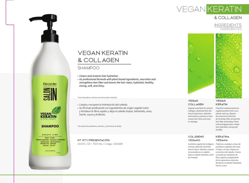 RECAMIER PROFESSIONAL SALON IN Champú vegano de queratina y colágeno para el cabello, 33.8 onzas líquidas