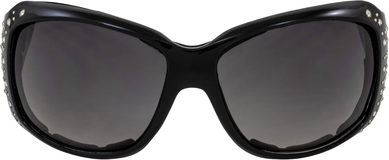 Rodeo Queen 2 pares de lentes de sol de motocicleta para mujer, montura negra acolchada con diamantes de imitación brillantes y lentes degradados