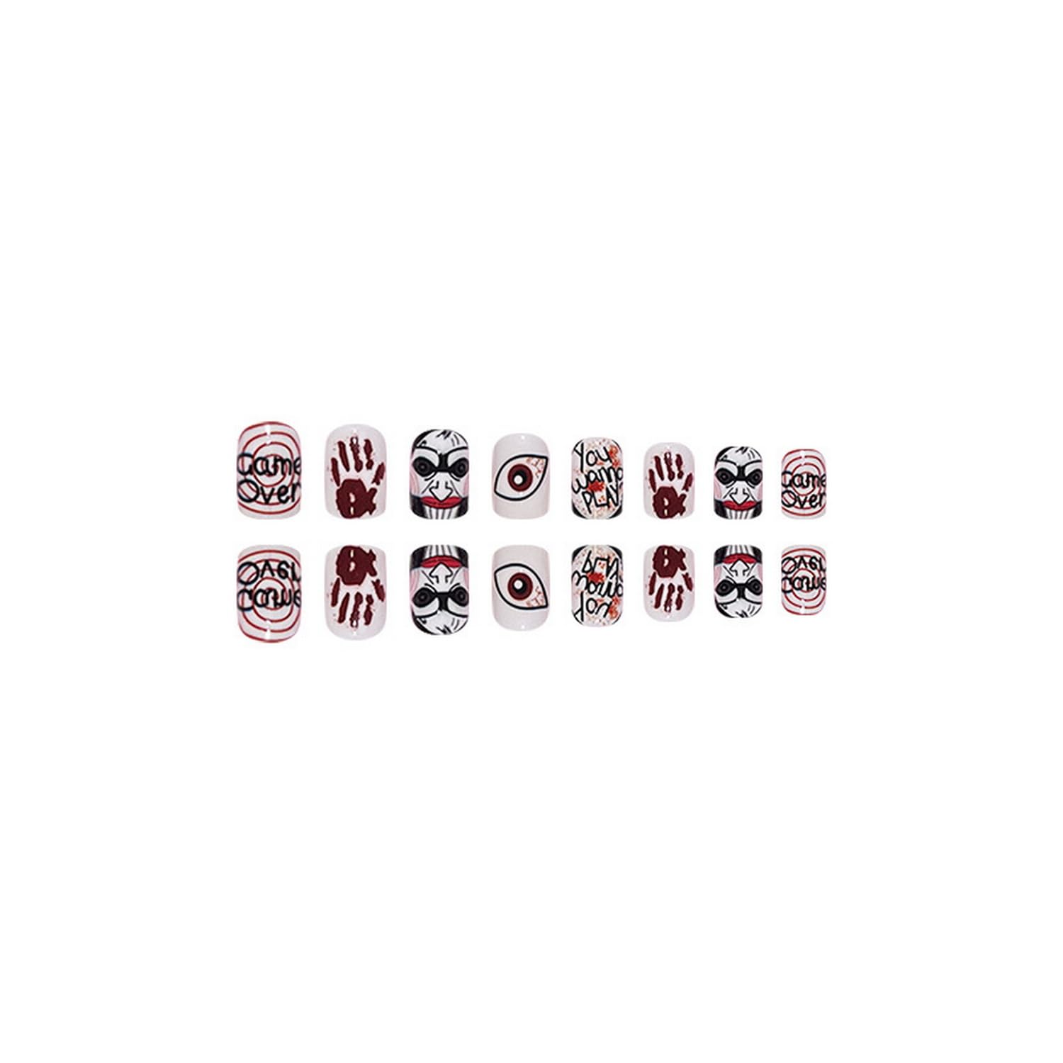 Uñas postizas cortas a presión de Halloween, con cara aterradora, payaso ciclopia, diseños de palmeras terribles, uñas postizas cuadradas góticas
