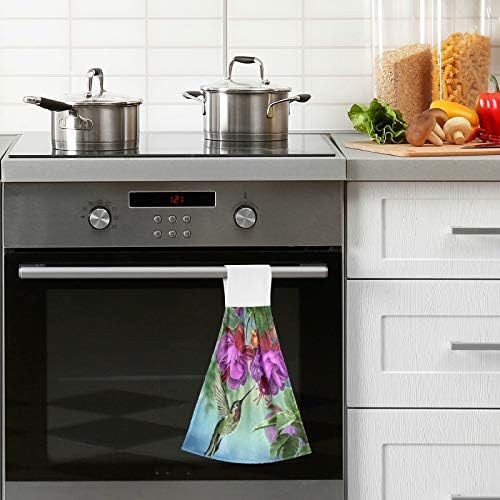 Toallas de mano de colibrí con flores para cocina, toalla absorbente de color morado fucsia para colgar con lazo, juego de 2 piezas de ropa de