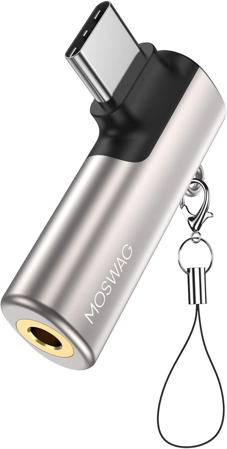 MOSWAG Adaptador de auriculares USB C a conector tipo C de 0.138 in, micrófono auxiliar en ángulo derecho, dongle de audio de aleación de zinc,