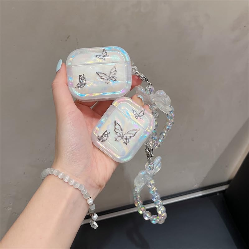 Funda transparente para AirPods Pro de 2 generación 2022, bonito diseño de mariposa negra brillante con llavero colgante, funda protectora de TPU