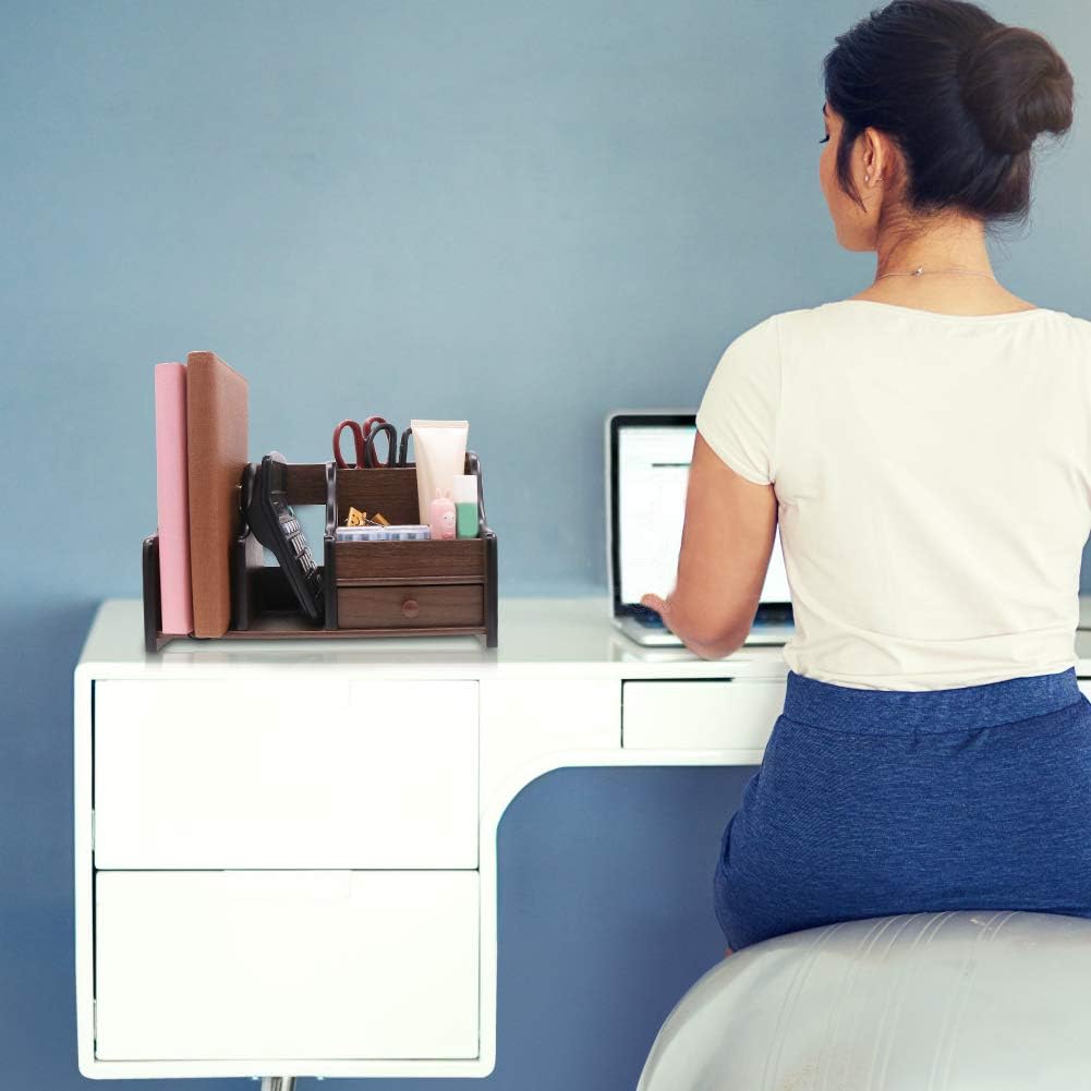 Coideal – Organizador giratorio de madera para guardar controles remoto o artículos de escritorio y oficina, con 4 compartimentos, Marrón