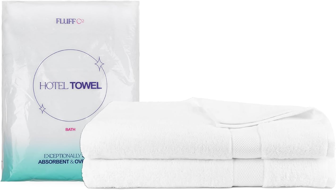 FluffCo Toalla de hotel de lujo  Toalla de baño de alta calidad altamente absorbente hecha de 100% algodón  Toalla blanca súper suave con borde de