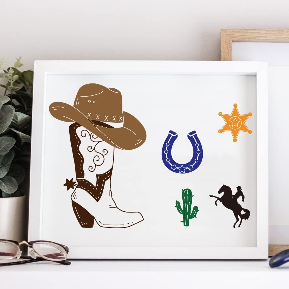 OLYCRAFT 2 plantillas autoadhesivas de serigrafía de 8.6 x 11 pulgadas, botas de vaquero occidental, plantillas de serigrafía, sombrero