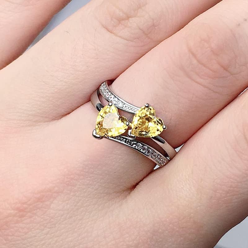 Emsione Anillo de promesa de boda con topacio azul y blanco, chapado en plata de ley 925, con doble corazón