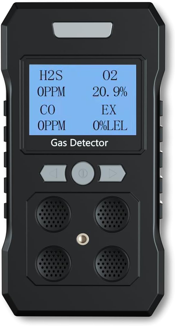 Gas Detector, Portable 4 Gas Monitor with Audible & Visual AlarmH2S,O2,CO and EX Rechargeable Gas Sniffer Alarm with LCD Display (Black)