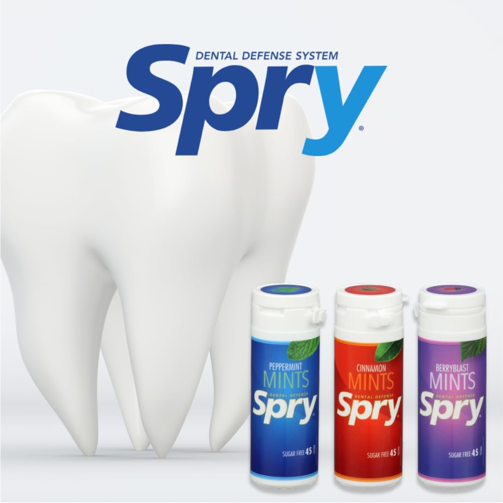 Spry – Paquete variado de 6 mentas 100% xilitol, sin azúcar, sin gluten, naturales, sin OMG para la salud bucal, cuidado de las encías, defensa