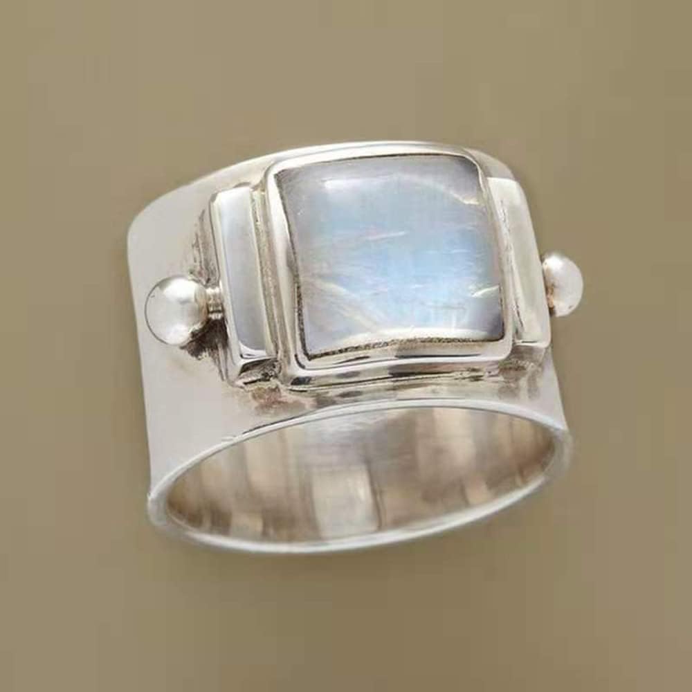 Anillos de plata vintage, anillo conmemorativo de compromiso con piedra lunar y gema natural, tamaño 5-11 para mujeres y niñas (10)
