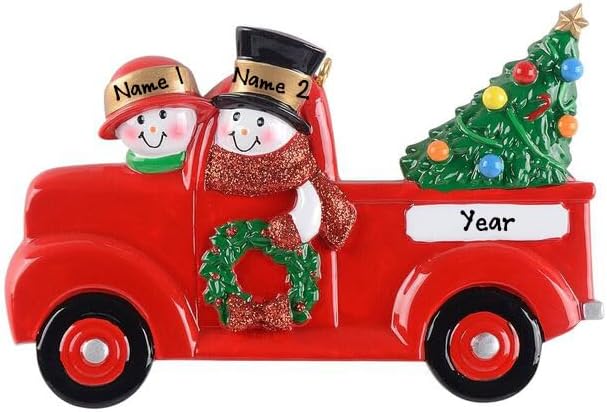 Adorno de Navidad personalizado de muñeco de nieve para pareja en camioneta roja 2023  Camión rojo vintage con adorno colgante de árbol de Navidad,
