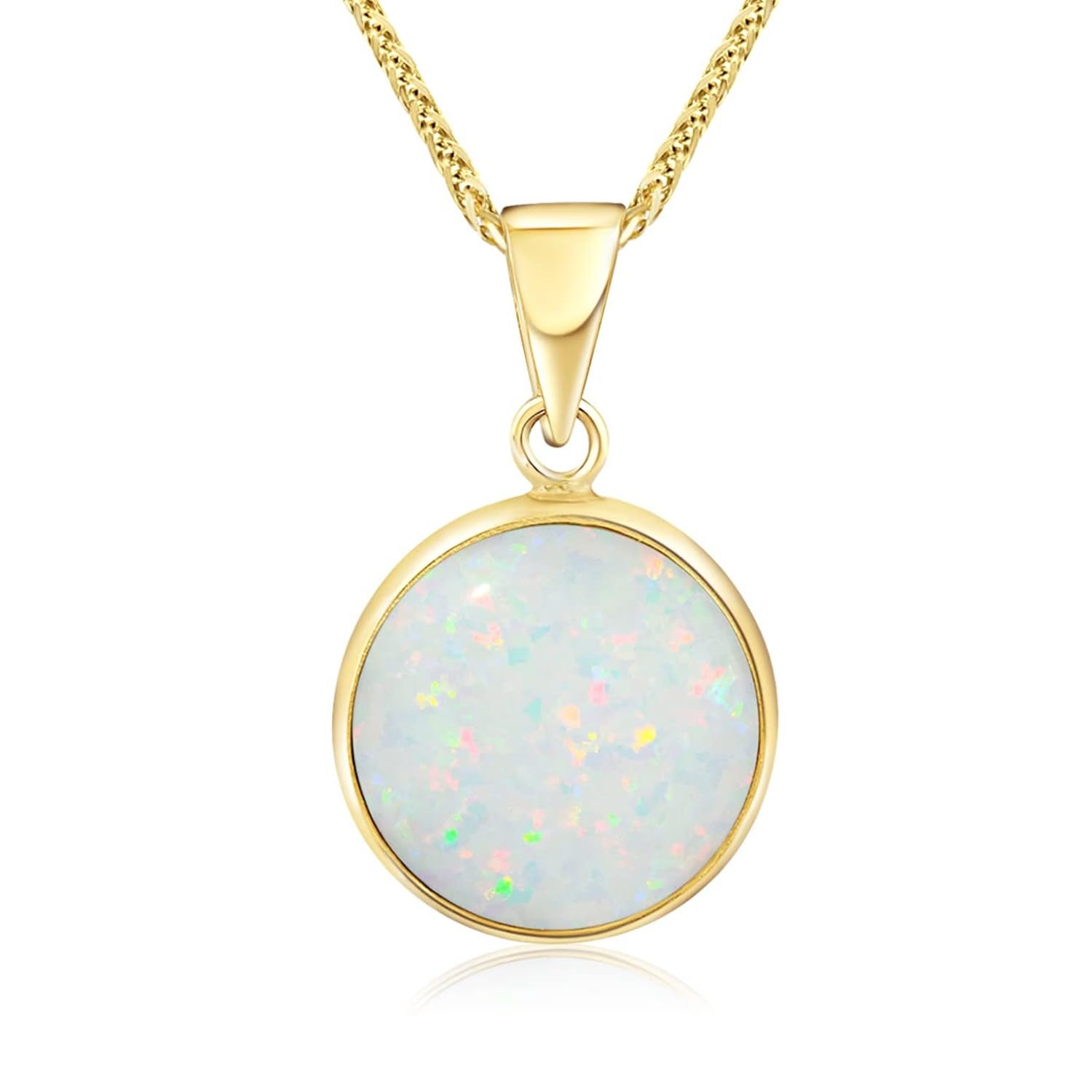 14K Gold White Opal Pendant – 14K Solid Yellow Gold Dainty Pendant with October Birthstone Pendant, 12mm Large Size Opal Gemstone – Handmade Bridal