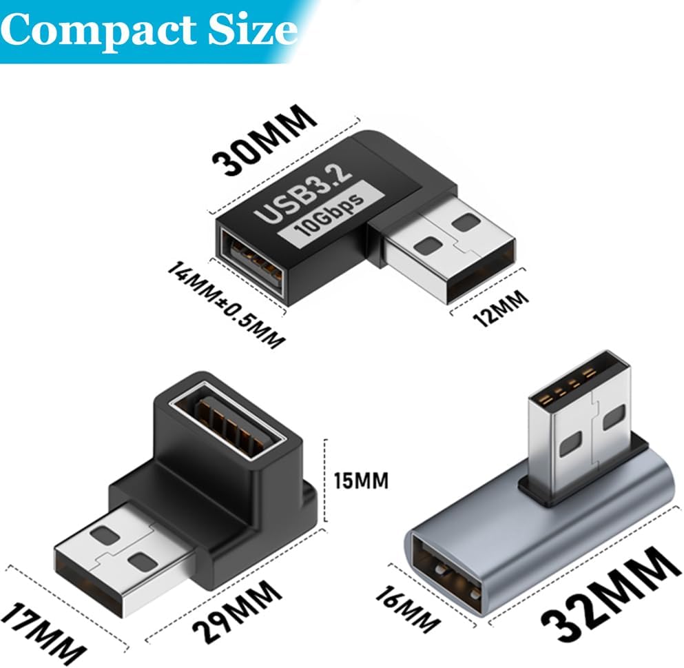 Warmstor Paquete de 6 adaptadores USB 3.0 macho a hembra de 10 Gbps hacia arriba hacia abajo a la izquierda derecha 90 grados de ángulo recto cable